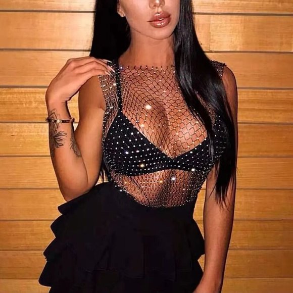 Mesh See Through Vest Women Sexy Shiny Fishnet Crop Top Cover - Picture 7 of 9